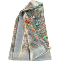 Grey Digital Printed Linen Saree