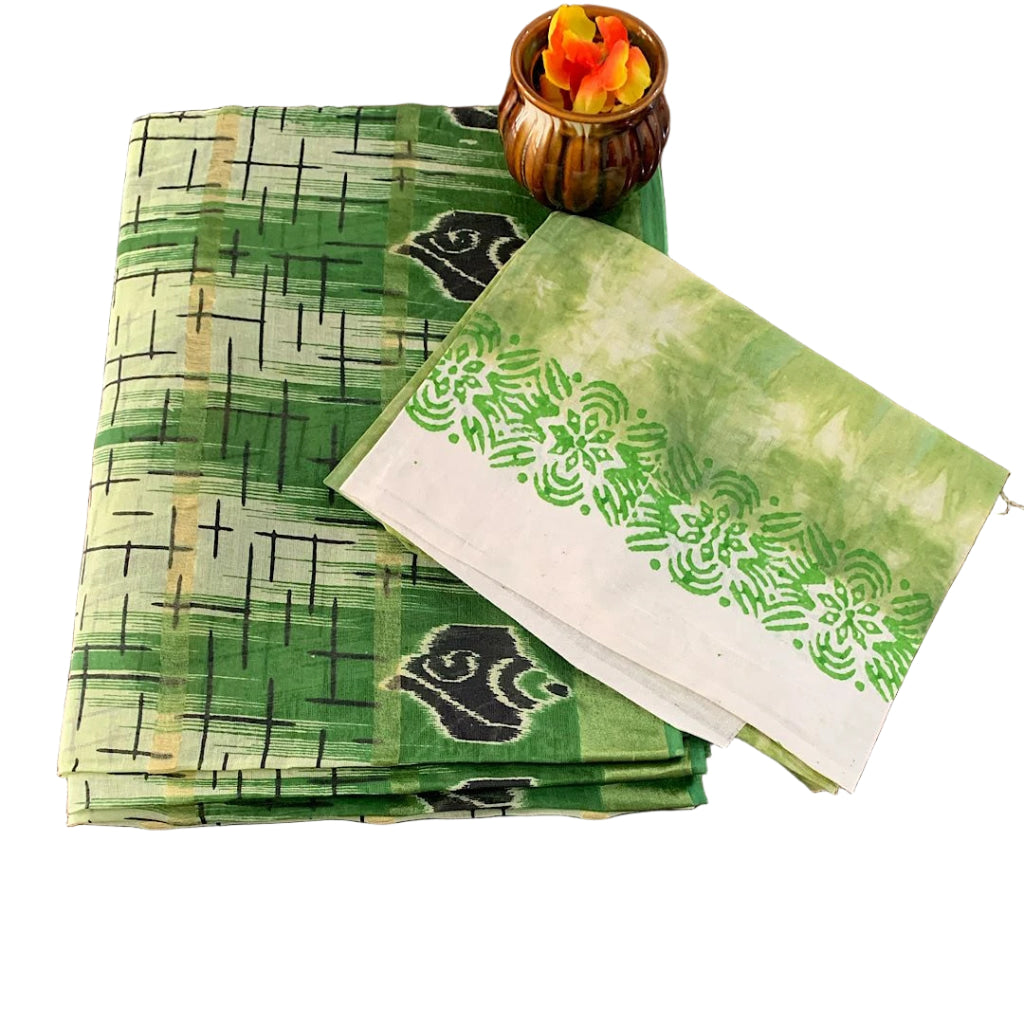 Mulmul Cotton Saree with Grid Pattern and Floral Bootis