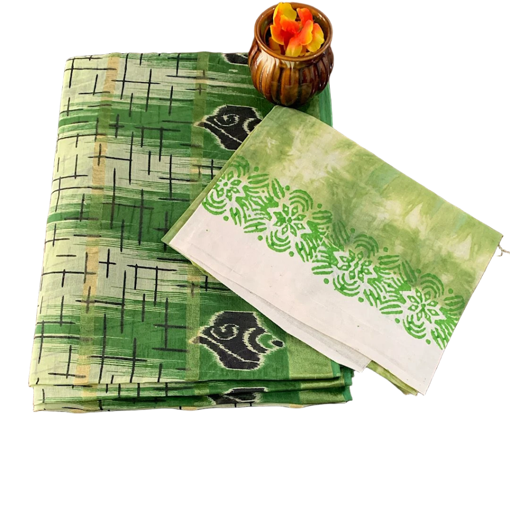 Mulmul Cotton Saree with Grid Pattern and Floral Bootis