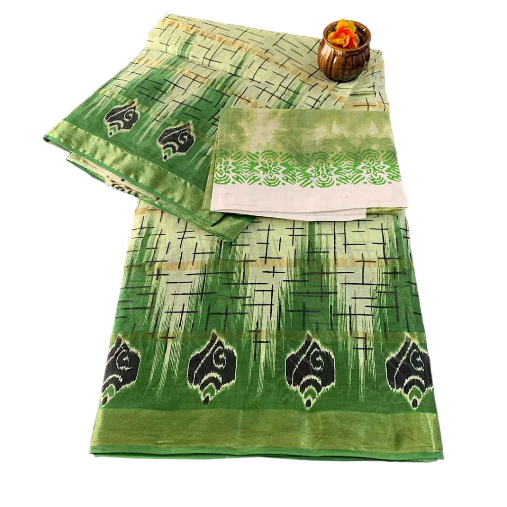 Mulmul Cotton Saree with Grid Pattern and Floral Bootis