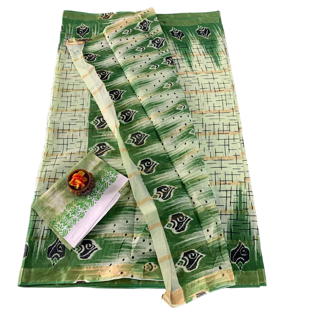 Mulmul Cotton Saree with Grid Pattern and Floral Bootis