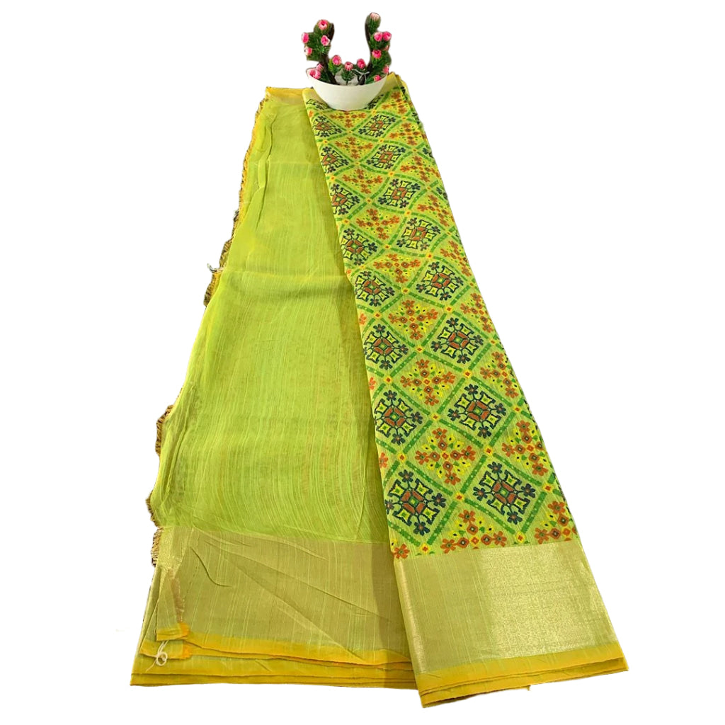 Floral Print Linen Patola Ikat Saree