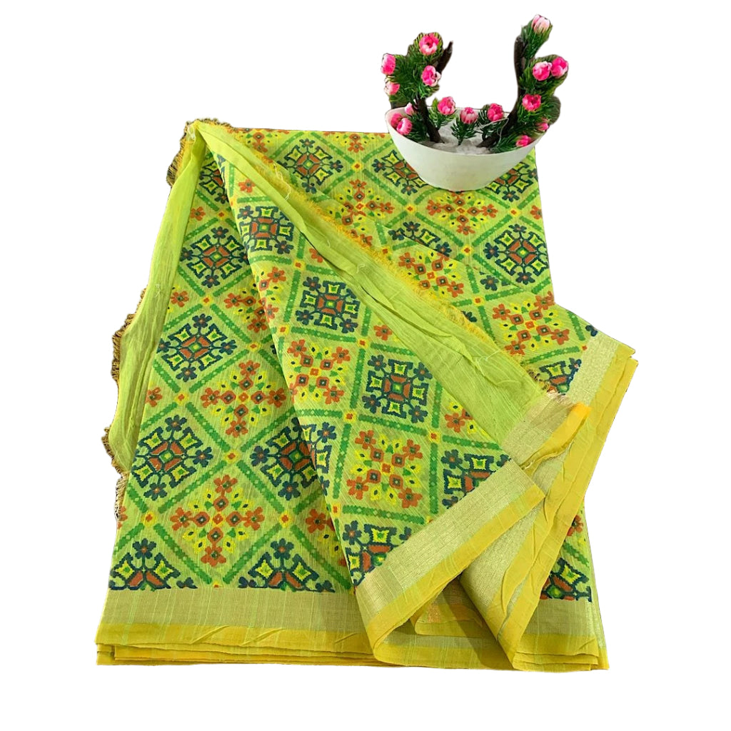 Floral Print Linen Patola Ikat Saree
