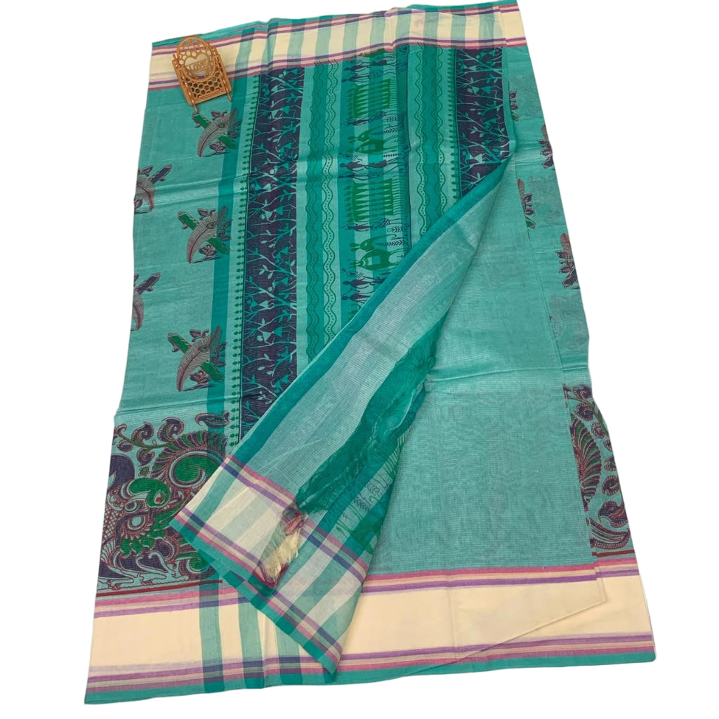Linen Saree with Traditional Circular Motifs.