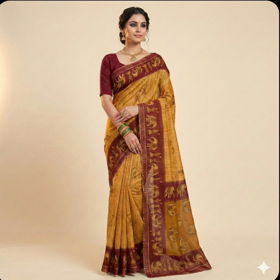 Gulabi Gaja Border Cotton saree.