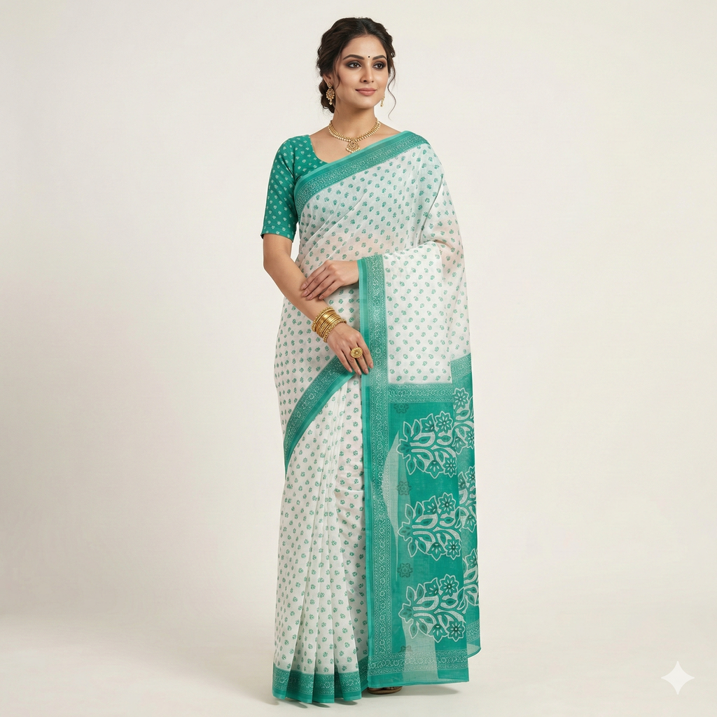 Ocean Blossom Printed Cotton Saree.
