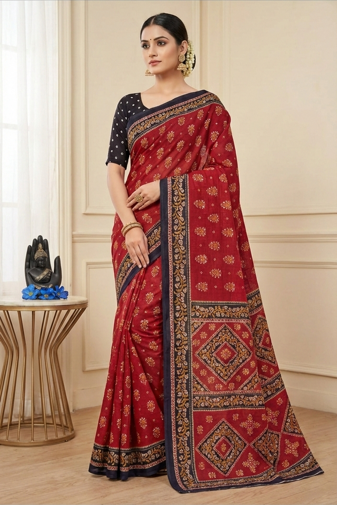 Sindoori Floral Weave Cotton Saree