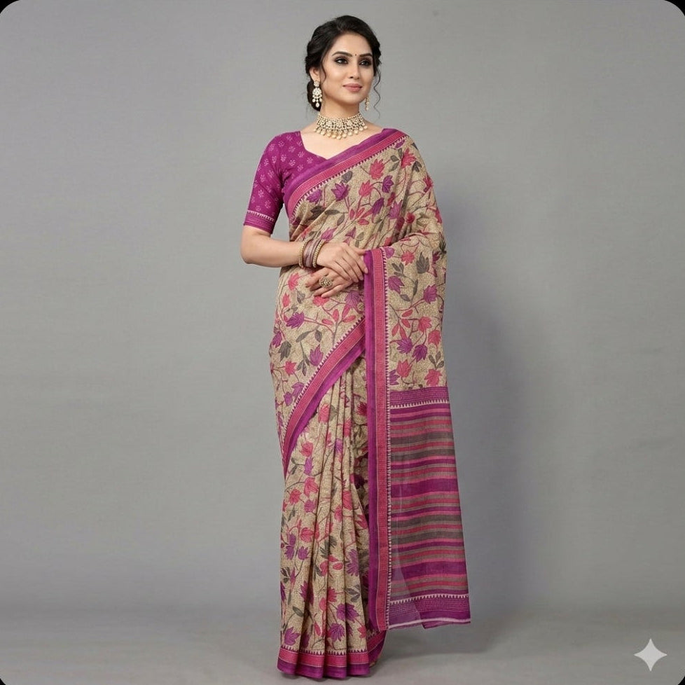 Tanjore and Floral Print Cotton Saree.